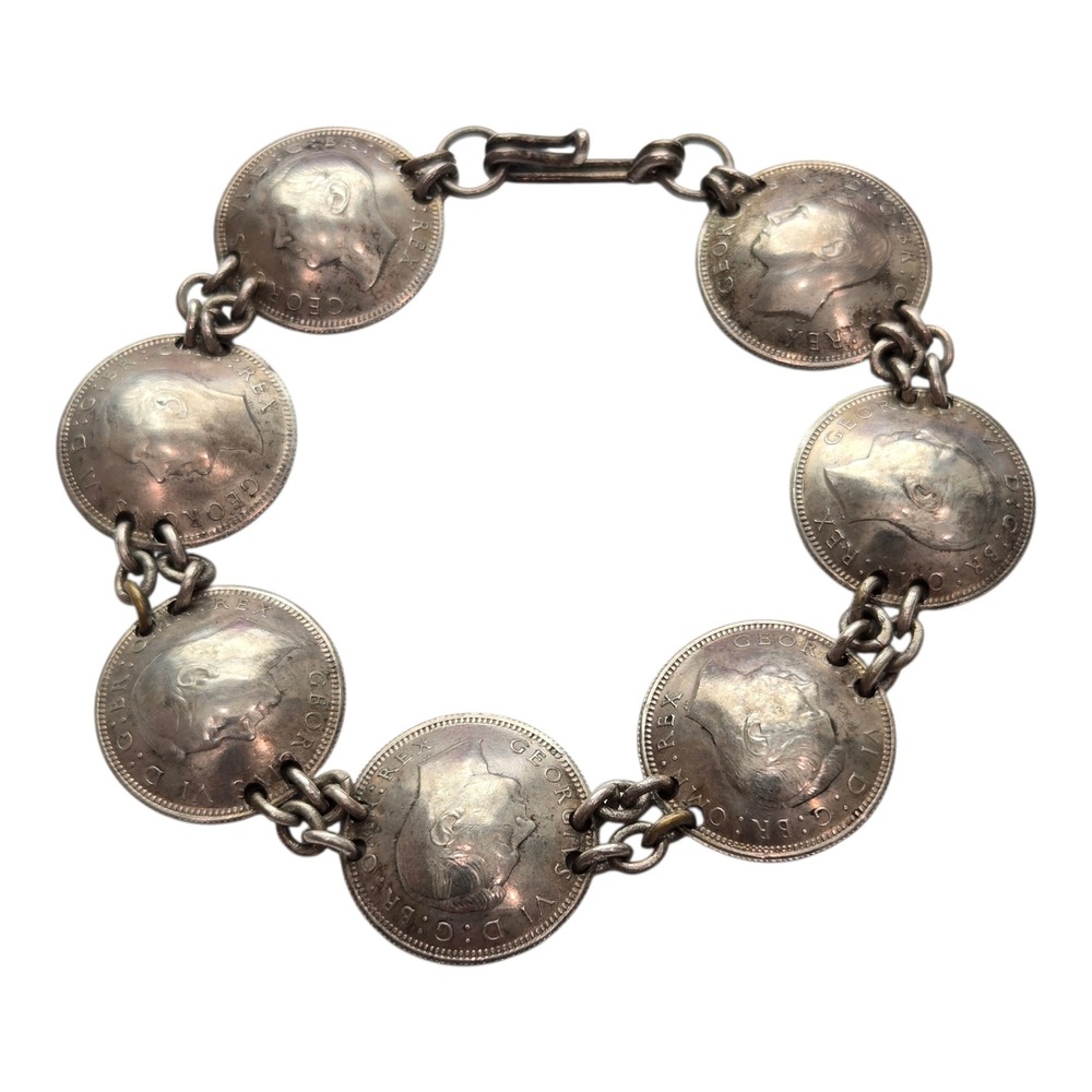 Vintage 1945 British Sixpence Coin Bracelet King George VI WWII Era‎ 7.5 Inch